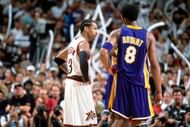 Allen Iverson #3 of the Philadelphia 76ers matches up against Kobe Bryant #8 of the Los Angeles Lakers during game five of the NBA FInals June 15, 2001 at the First Union Center in Philadelphia, Pennsylvania. (Getty Images)
